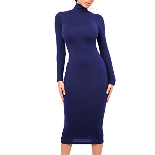 QIYUN.Z Mujeres Invierno Cuello Alto Vestidos Ajustados Manga Larga Sólido Midi Sexy Club Vestido Royal Blue M