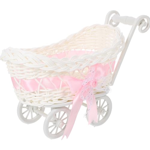 STOBOK Wicker Stroller Decoration Rattan Baby Carriage Baby Doll Stroller Woven Flower Basket Baby Shower Centerpiece Stroller for Baby Shower Party Favors Pink