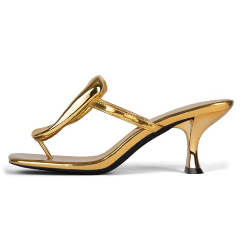 FSJ Women Chic Open Toe Kitten Heel Flip Flops Slip On Gold Detail Low Heeled Thong Sandals Casual Summer Beach Fashion Slides Size 4-16 US2