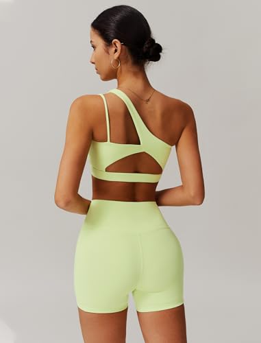 Womens Workout Sets Single Shoulder Straps Sport Bra Matching Shorts 2 Piece Gym Yoga Active Outfits with Pockets3