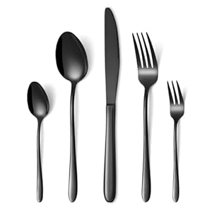 HONKKU Besteck Set Schwarz, 60 Teilig Edelstahl Besteckset für 12 Personen, Essbesteck Set mit Abendessen Messer Gabeln und Löffeln für Zuhause/Restaurant/Party/Ba... Spülmaschinenfest