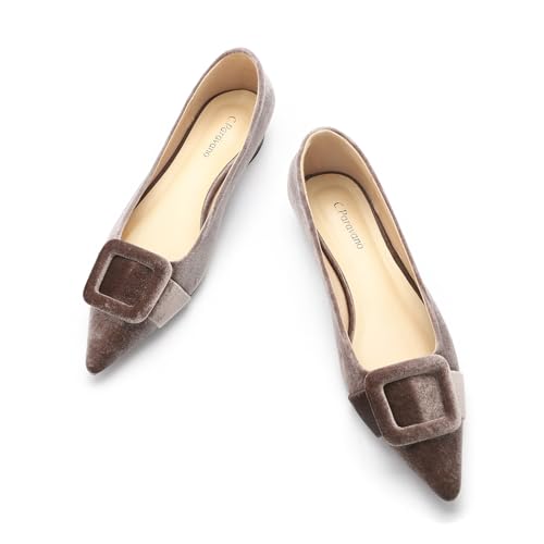 C.Paravano Women's Pointed Toe Flats | Velvet Slip-On Ballet Flats | Comfortable Work & Daily Wear Shoes (Grey,Size 7.5)