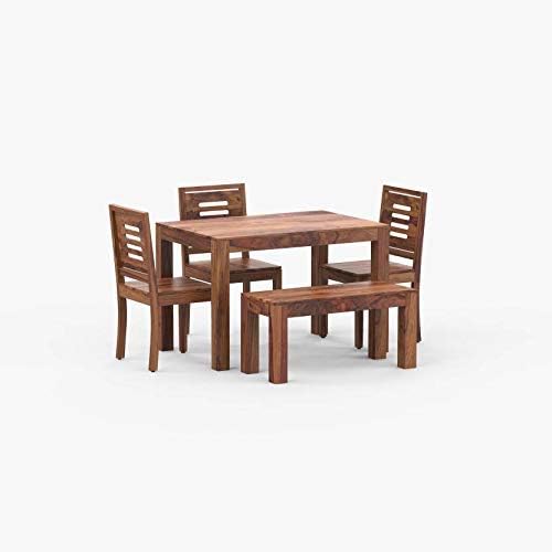Image of Sheesham Wood 4 Seater Dining Table Set, Solid Wood Four Seater Dining Table| Four Seater Dining Set for Hotel & Restaurant Dinner Table, 3 Chairs & 1 Bench