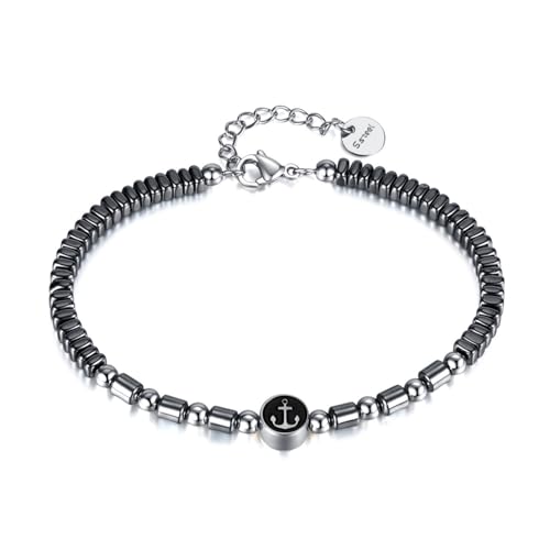 ATEIELLI Bracelet Hématite Acier Inoxydable avec Pierres Naturelles pour Homme et Femme B336 (Ancre)
