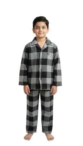 Image of Under Fourteen Boys Cotton Night Suit Set | Soft Breathable 2Pcs Sleepwear /Nightwear /Sleepsuit /Loungewear Co-Ord | Checks Top & Pyjama | Elastic Waist & Pockets | Multicolor Pajama Party & Gifting Set