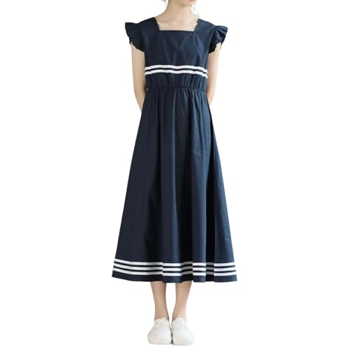 LittleSpring Girls Nautical Dress with Ruffle Sleeve Sleeveless Uniform Dresses 7-16 Years