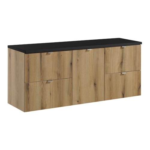Lomadox Badezimmer Doppel-Waschtischunterschrank 140cm, in Eiche und schwarz, geringe Tiefe (40cm)