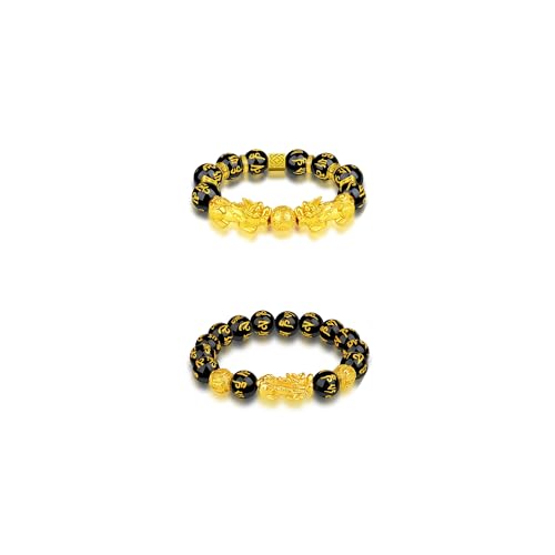 2pcs Feng Shui Bracelet for Men Gold Pixiu Bracelet Black Obsidian Wealth and Luck Bracelets Stretch Adjustable Beads Spirit Bracelets Chinese New year Gift