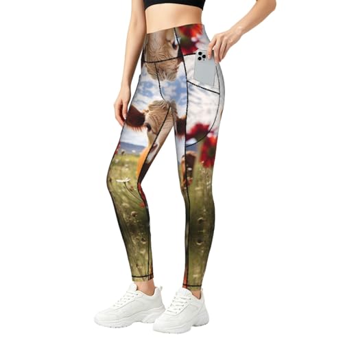 Leggings de yoga Red Flower Show Steer que no se bajan y moldean tu figura con confort