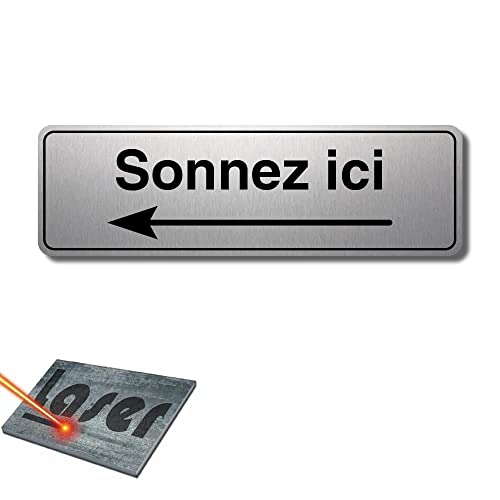 Plaque Gravée Autocollante 13X4 cm Sonnez Ici Gauche Fond Alu Brossé