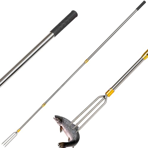 Cyfie Telescopic Fishing Gaff Flounder Gig, Stainless Steel Fishing Hunting Harpoon Pole with Spear Hook Barbed, Heavy Duty Frog Flounder Gig for Ice Fishing Saltwater Sea (9.4ft Long with 3-Prong)