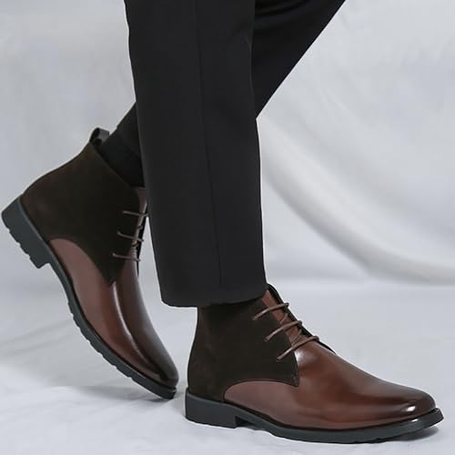 Image of Men'S Splicing Leather Lace Up Low Heel Dress Chukka Ankle Boots Classic Fashion Comfortable Non-Slip Chunky Heel Causal Oxford Booties For Business Work Driving