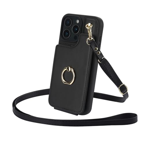 Étui portefeuille iPhone 16 Pro Max noir avec sangle et clapet support
