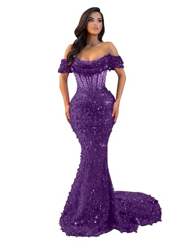 MiwiNovia Sequin Mermaid Prom Dresses for Women 2025 Sparkly Off Shoulder Formal Evening Dress with Train P1050