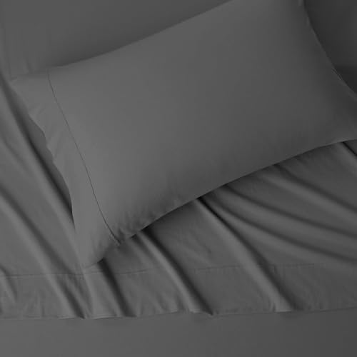 Image of Amazon Basics 3 Piece Bed Sheet Set, 100% Cotton Jersey, Includes Super Soft, Flat and Fitted Sheets, Pillowcase, Toddler, Dark Gray, Solid