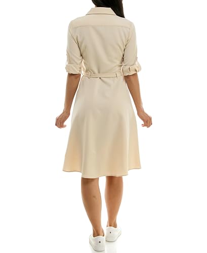 Image of Sharagano Women's Pleated Shirt Dress - 3 /4 Sleeve, V-Neck, Gold Buttons