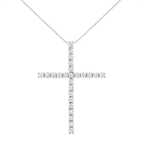 Haus of Brilliance .925 Sterling Silver 2.0 Cttw Round Shape Diamond 1-1/4" Cross Pendant with Box Chain Necklace (I-J Color, I1-I2 Clarity) - 18"