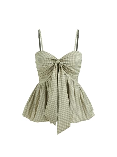 CIDER Plaid Shirts for Women Check Shirred Knotted Cami Top Sleeveless Bubble Hem Cute Blouse Going Out Top