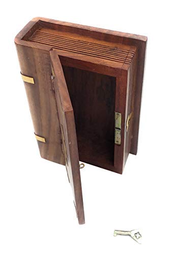The Online Bazaar Hecho a Mano Madera Secreto Seguro Llave Libro con Incrustación de Latón Inscribeable Plato
