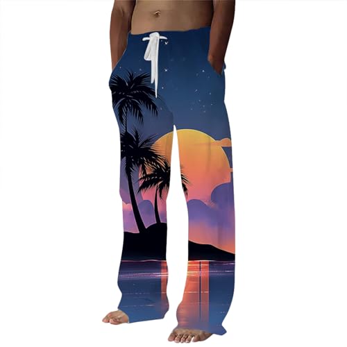 Generic Mens Linen Pants Beach Hawaii Print Casual Summer Casual Pants Elastic Waist Drawstring Baggy Trousers with Pockets, X-Large