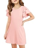 Haloumoning Girls Ruffle Sleeve Dresses Kids Summer Crewneck A Line Casual Dress 5-14 Years Pink