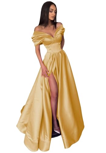 Image of Pleated Off The Shoulder Satin Prom Dresses for Women, Formal Evening Gowns Cocktail Party Dresses with Slit&Pockets
