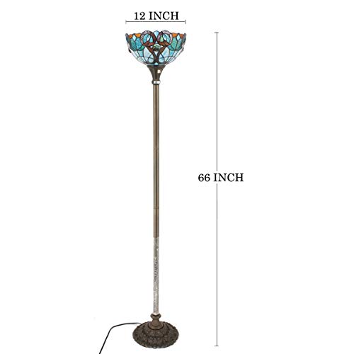 Werfactory Tiffany Floor Lamp Green Blue Floral Stained Glass Light 12X12X66 Inches Pole Torchiere Standing Corner Torch Uplight Decor Bedroom Living Room Home Office S802 Series #TOP5