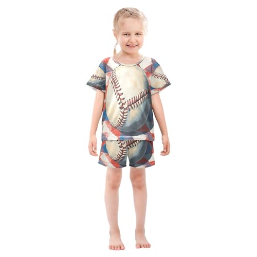 ALAZA Baseball on Colorful Pajamas Set Short Sleeve Cotton Sleepwear Summer Pjs 2 Piece 5-14Y3