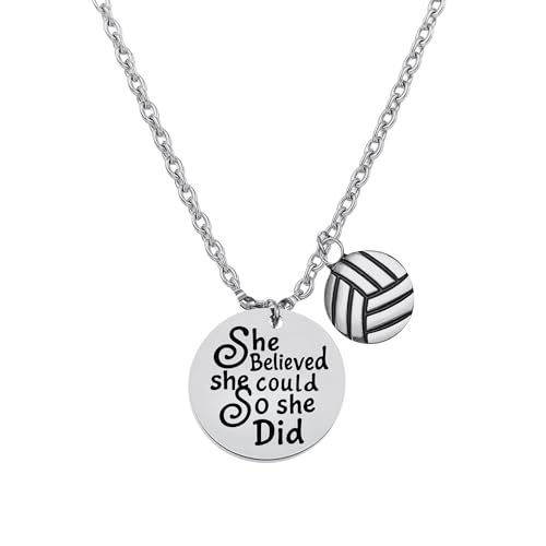 Volleyball Necklace with Inspirational She Did Quote and Charm, Stainless Steel Jewelry Gift for Players, Moms, Coaches and Teams