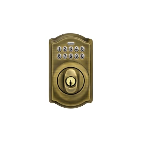 Image of Schlage Camelot Electronic Keypad Deadbolt Lock, Keyless Front Door Entry, Mechanical Key Backup Included, Antique Brass, BE365 CAM 609