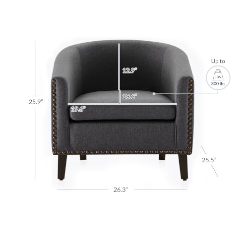 Image of BELLEZE Accent Barrel Chair Set of 2, Modern Tub Club Chair Upholstered Armchair with Gold Nail Head Trim and Black Legs for Living Room Bedroom Apartment Lounge - Gray /Linen