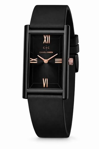 Image of CHARLIEKEEN Rectangular Wristwatch, Black Dial with Rose Gold Roman Numerals, Silicone Strap, Elegant Style