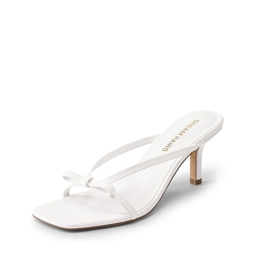 DREAM PAIRS Womens Bow Heels Kitten Heel Mule Sandals Square Toe Strappy Slip On Dress Shoes Elegant Bridal Wedding Party Formal Shoes for Special Occasions Size 7 White SDHS26021W