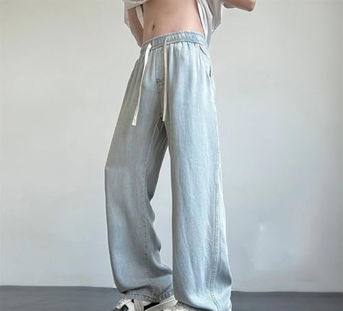 Men’S Wide Leg Jeans Mid Waist Loose Fit Straight Pants Casual Drawstring Closure Stonewashed Jeans3