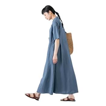 Amazon.co.jp: [かぐれ] リヨセルリネン半袖ワンピース BLUE