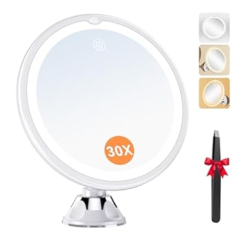 Foto di Auxmir Specchio Ingranditore 30X con Luci Specchio Trucco con Luci a 3 Colori Luminosità Regolabile Specchio da Parete 360° Girevole Specchio a Ventosa Potente per Trucco Dettagliato, Casa e Viaggio