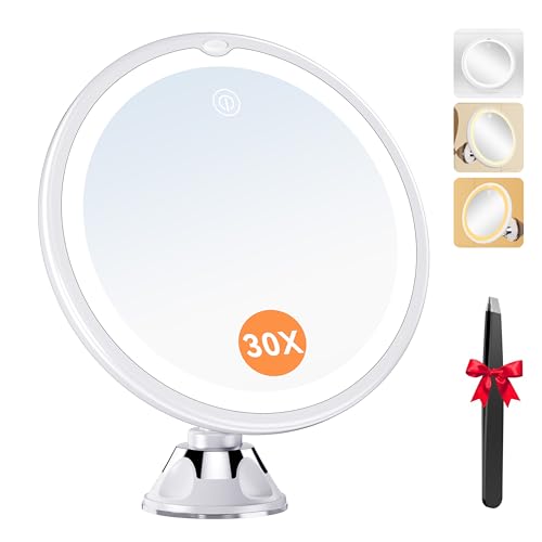Auxmir Specchio Ingranditore 30X con Luci Specchio Trucco con Luci a 3 Colori Luminosità Regolabile Specchio da Parete 360° Girevole Specchio a Ventosa Potente per Trucco Dettagliato, Casa e Viaggio