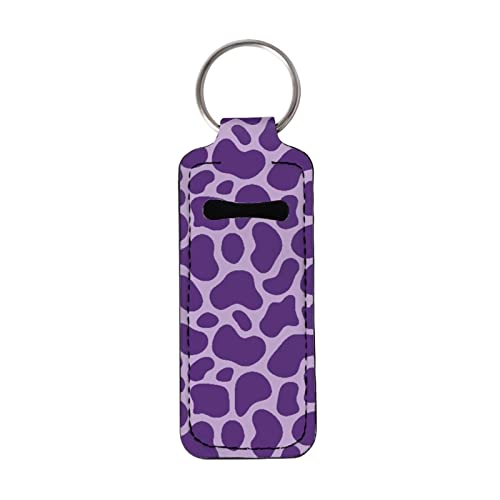 Suobstales Cow Print Chapstick Holder Keychain Neoprene Lip Balm Holder Purple Cow Pttern Elastic Lipstick Key Chain Holder Makeup Storage Organizer Clip-on Sleeve Chapstick Pouch