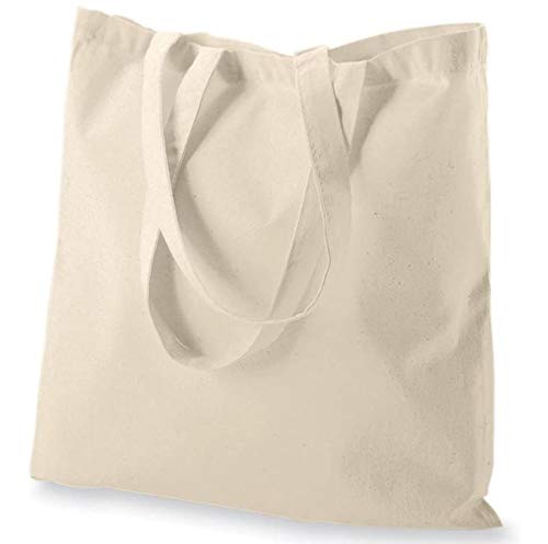 ATMOS GREEN 50 pack 15 X 16 inch with long handle NATURAL Color 5.5 oz 100% cotton reusable grocery bags eco friendly super strong great choice for