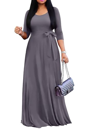 FANDEE Maxi Dress for Women 2026, Long Casual Empire Waist Dresses 3/4 Sleeve Round Neck with Belt Grey