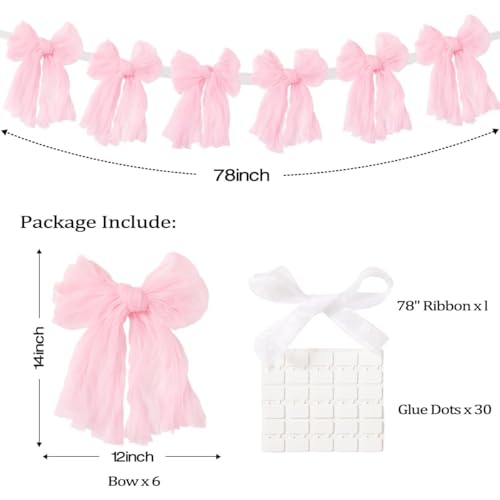 Image of MLMC Pink Bow Garland Banner Handmade Cheesecloth Bow Wreath Party Hanging Decorations for Baby Shower Birthday Wedding Bridal Shower Gender Reveal Party Decor