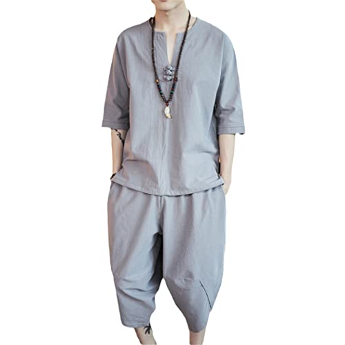 Ensemble 2 pièces en lin pour homme short et pantalon gris clair taille L