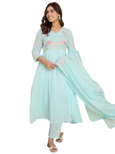 Image of INDO ERA Women's Pure Cotton Embroidered A-Line Kurta & Pant with Dupatta Set | Cotton kurta sets for women