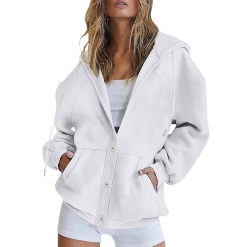 Generisch Sweatjacke Damen Frauen Sweatshirts 2025 Mit Knopfleiste mit Taschen Kapuzenjacke Herbst Winter Lang Sweatshirt Frauen Oversized Mantel Pullover Lapel lose Casual Hoodie