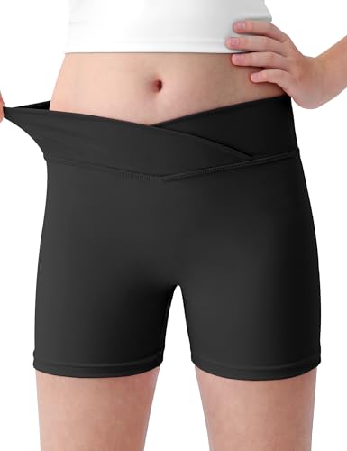 Girls Athletic Shorts 4-Way Stretch High Waisted V-Cross Waist Dance Yoga Volleyball Bike Shorts for Youth Kids Size 14-16 Years Black