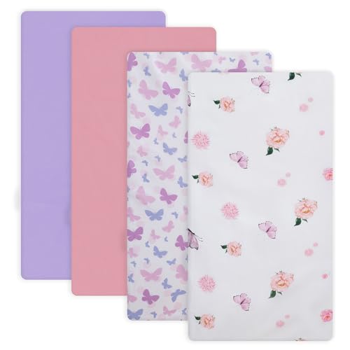 Image of Crib Sheet for Boys and Girls, Super Soft Microfibre Crib Sheet Set, Breathable Cot Sheet, for Cot and Toddler Mattress, 130x70x20cm, Butterfly and Flower and Pink and Purple,4pcs