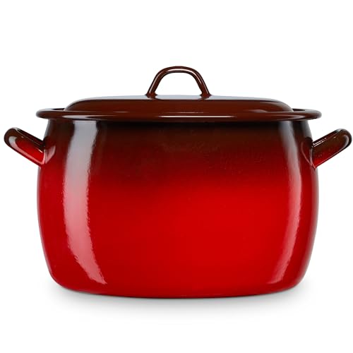briebe Olla Abombada Cocina Inducción 26 cm, Cazuela 10 L Grande con Tapa Acero Esmaltado Vitrificado, Apta Vitrocerámica, Fuego, Gas, Horno, Ignea Vintage Rojo