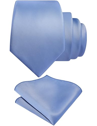 GUSLESON Dusty Blue Tie Set for Men Formal Business Silk Blend Necktie and Pocket Square Set for Wedding (6110-43)