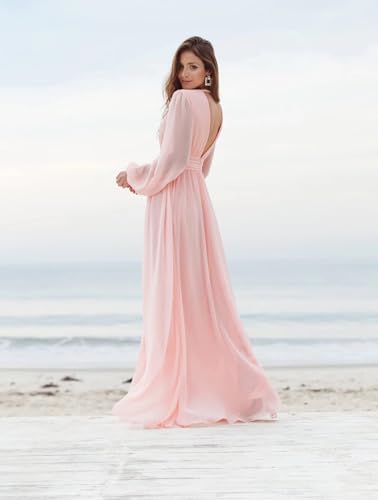 Rmaytiked Long Sleeves Bridesmaid Dresses with Slit V Neck Chiffon Wedding Guest Gowns Formal Evening Dresses for Women3