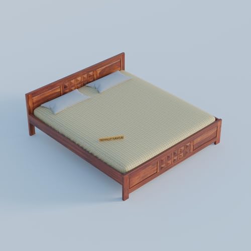 Image of Solid Sheesham Wood Queen Size Bed Without Storage | Double Bed Cot for Bedroom | Palang Double Bed for Hotels | Wooden Double cot for Living Room | Rosewood, Honey Finish